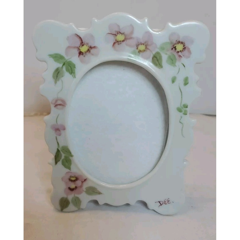 Vintage Porcelain Photo Frame Oval Center Hand‎ Painted Flowers Signed By "Dee"
